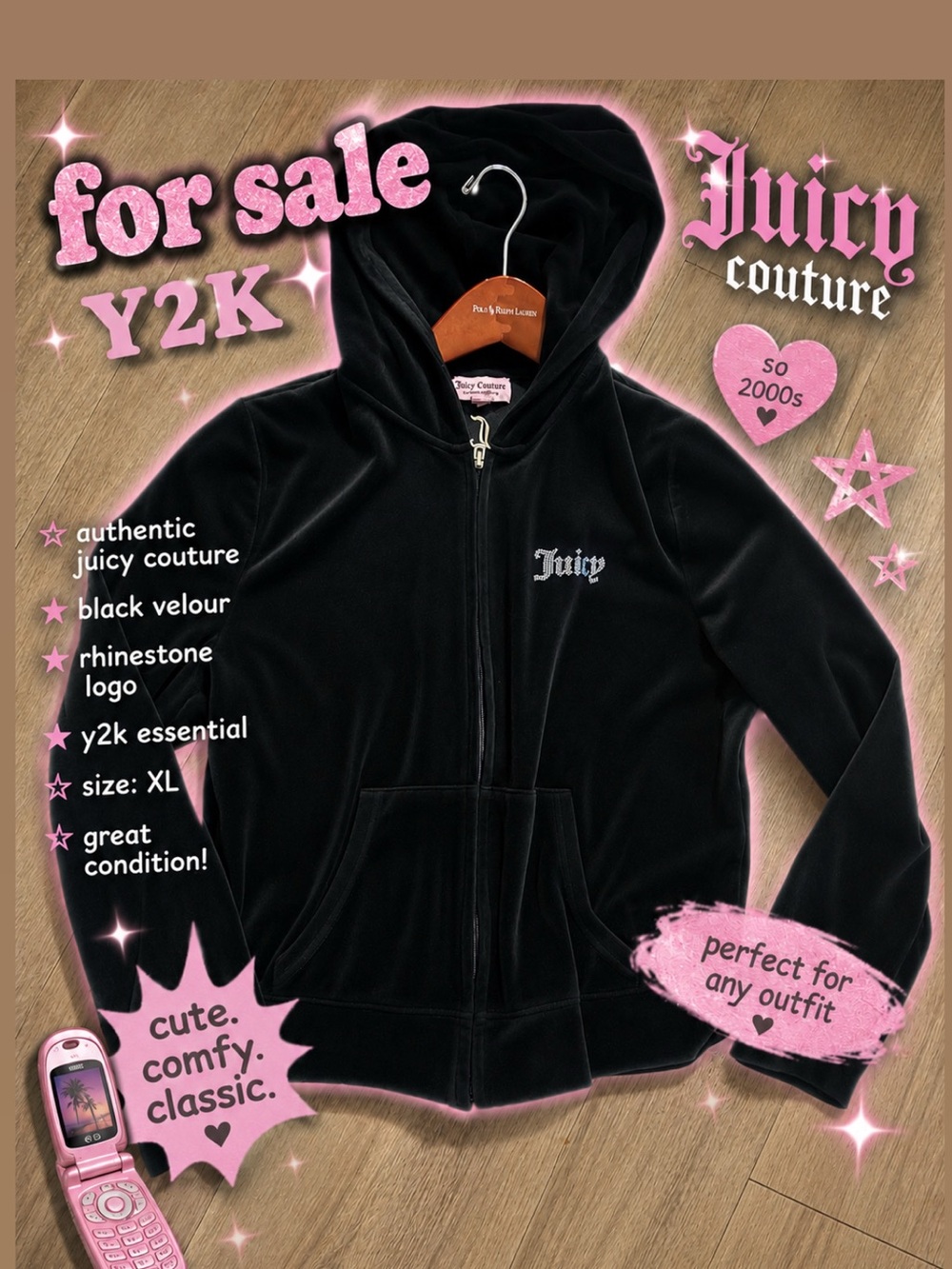 Juicy Couture Black Velour Zip Hoodie with Rhinestone Logo